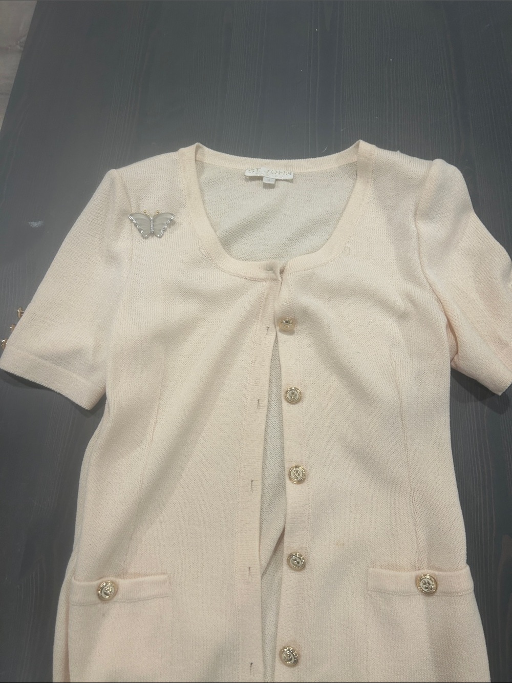 St. John Cream Short-Sleeve Knit Cardigan Blazer with Gold Buttons